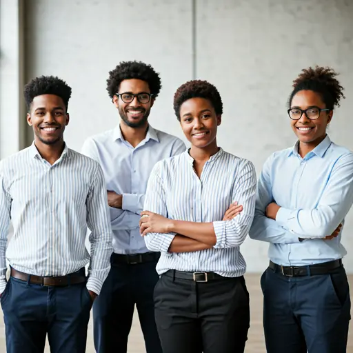 A diverse group of professional team members standing together in a modern bright office environment, smiling warmly at the camera