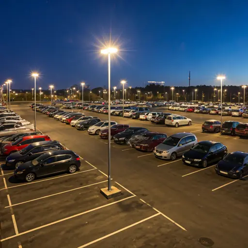 high-angle shot of a premium organized parking lot at dusk